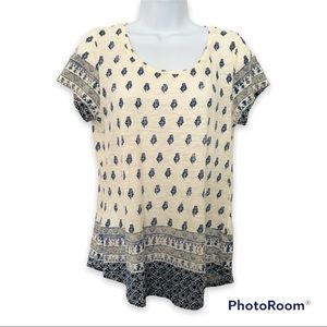 LUCKY BRAND Women’s Boho Print Short Sleeve Long T-Shirt Blue & White M